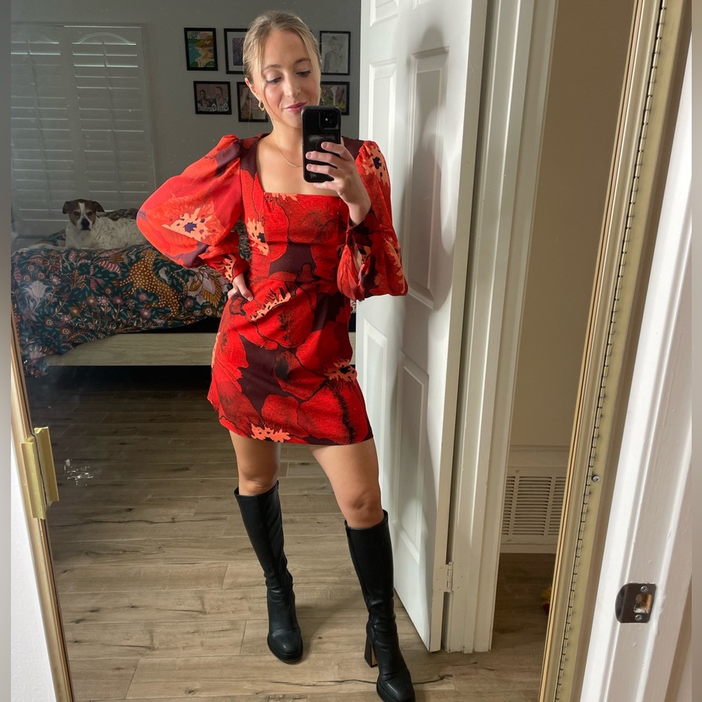 Hutch Elaine Mini Dress in Red and Black Floral Print